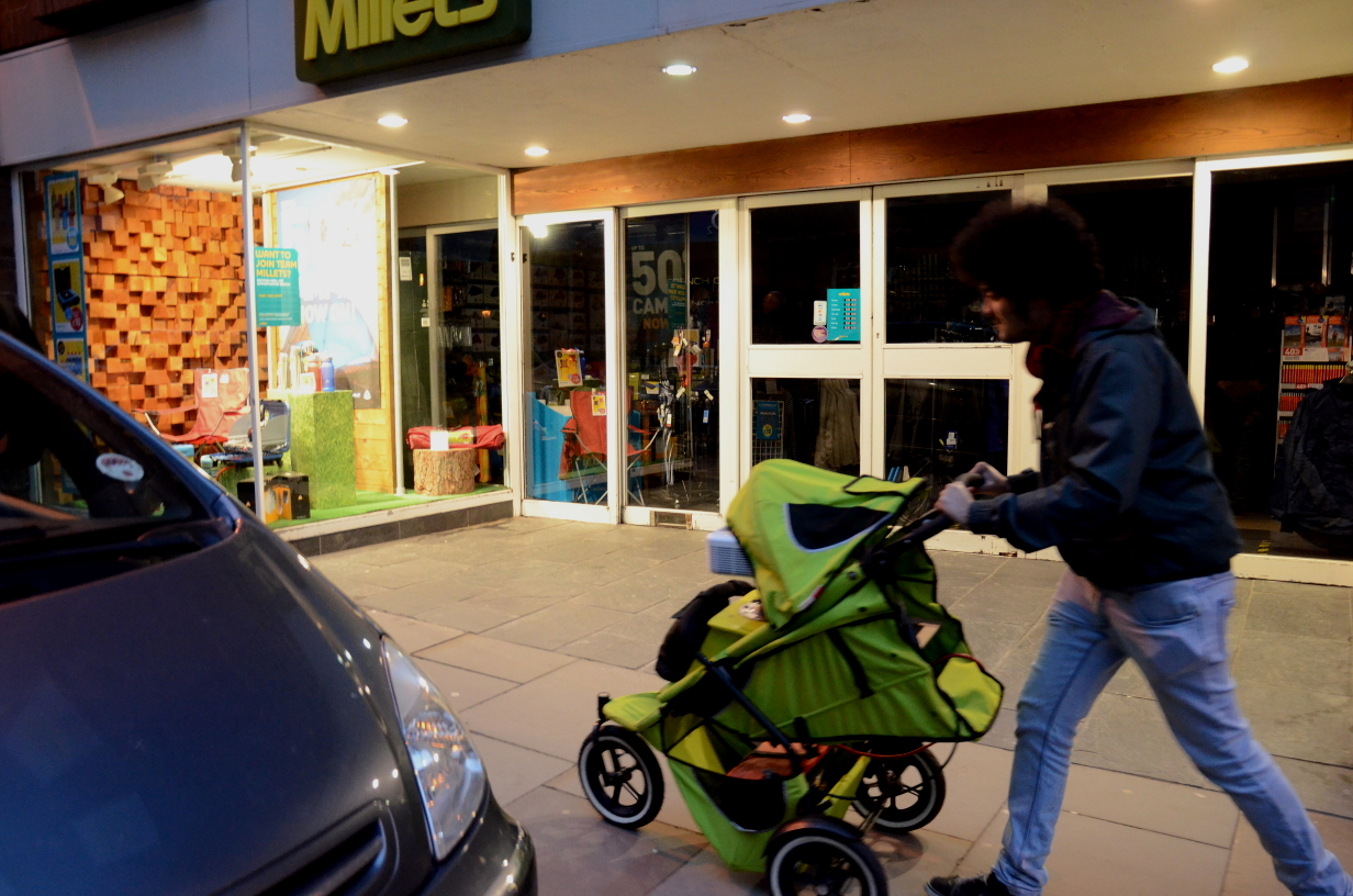 stroller loaded with video projector